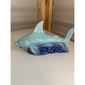 Vintage Ceramic Shark Figurine Blue Ocean Wave Brazil Decor
